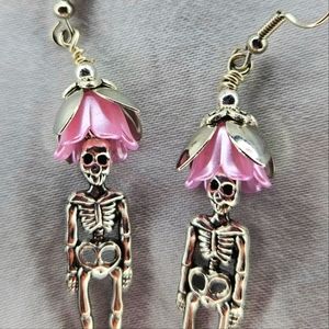 Silvery Skeleton Flower Earrings Day Of the Dead Halloween